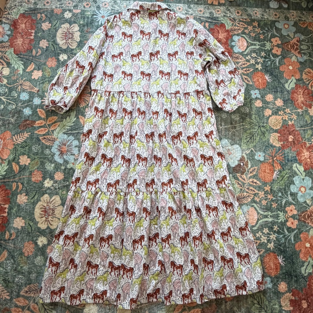 Maeve by Anthropologie Horse Print Tiered Midi Shirt Dress Cotton Multi Large - Picture 7 of 8